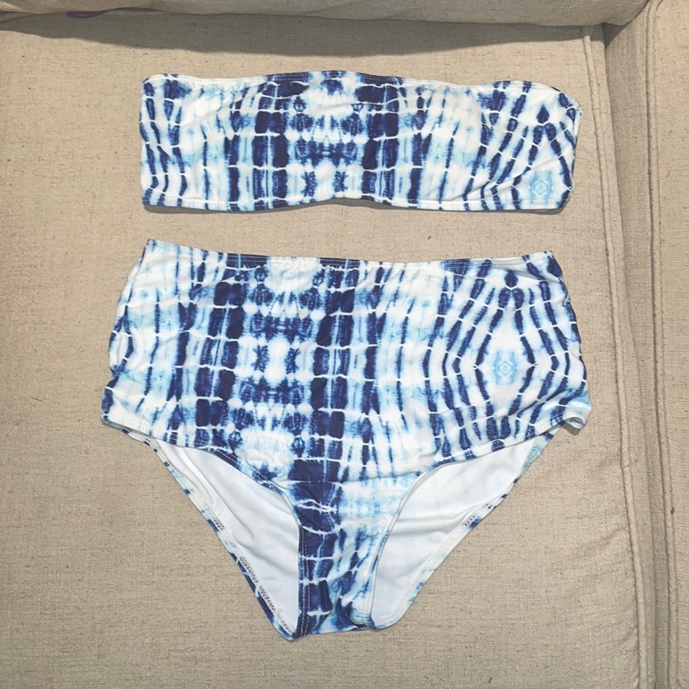 Tie die blue high waisted bandeau bikini